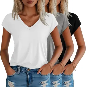 3 Pack Women's Cap Sleeve T Shirts Cotton V Neck Tops Loose Fit Tshirts Soft Basic Casual Summer Tee