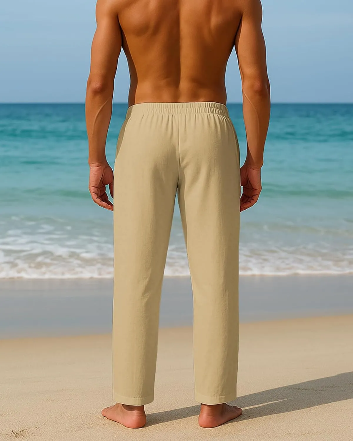 BUXKR Men's Linen Pants Beach Casual Cotton Summer Lightweight Elastic Waist Drawstring with Deep Pockets