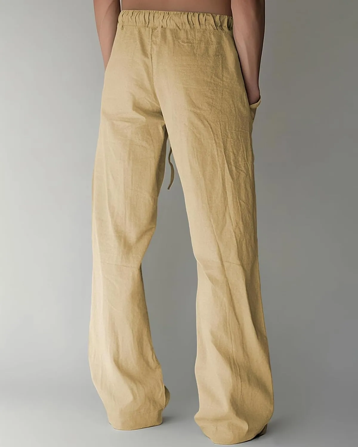 BUXKR Men's Linen Pants Beach Casual Cotton Summer Lightweight Elastic Waist Drawstring with Deep Pockets