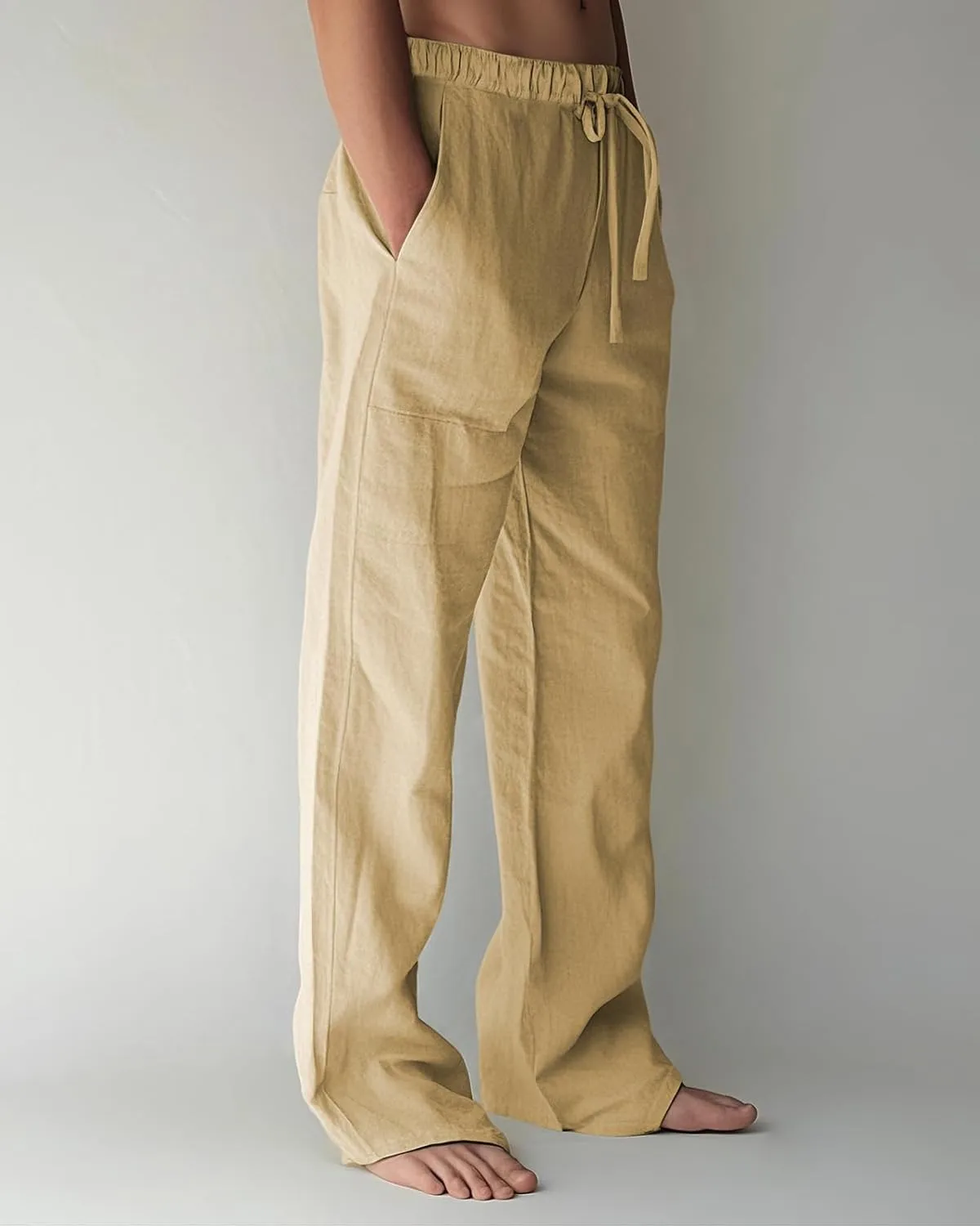 BUXKR Men's Linen Pants Beach Casual Cotton Summer Lightweight Elastic Waist Drawstring with Deep Pockets