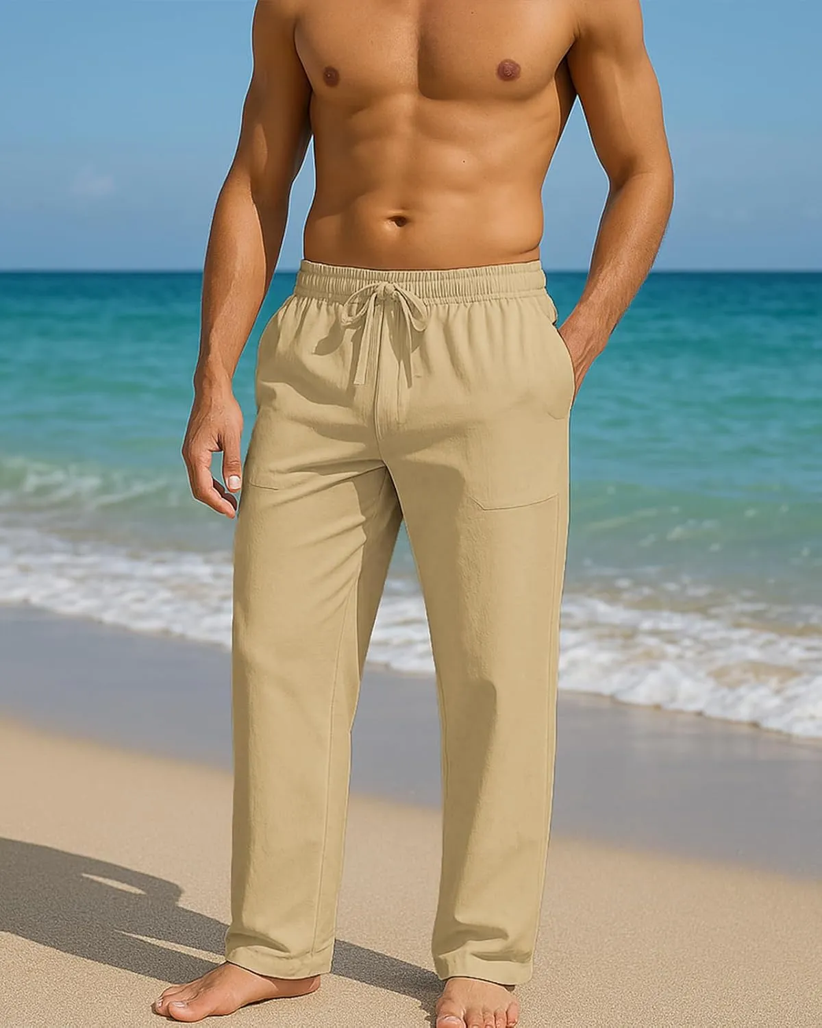 BUXKR Men's Linen Pants Beach Casual Cotton Summer Lightweight Elastic Waist Drawstring with Deep Pockets