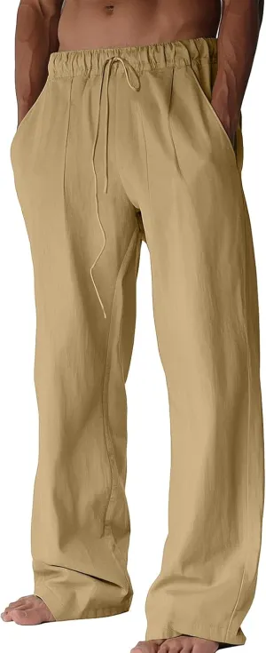 BUXKR Men's Linen Pants Beach Casual Cotton Summer Lightweight Elastic Waist Drawstring with Deep Pockets