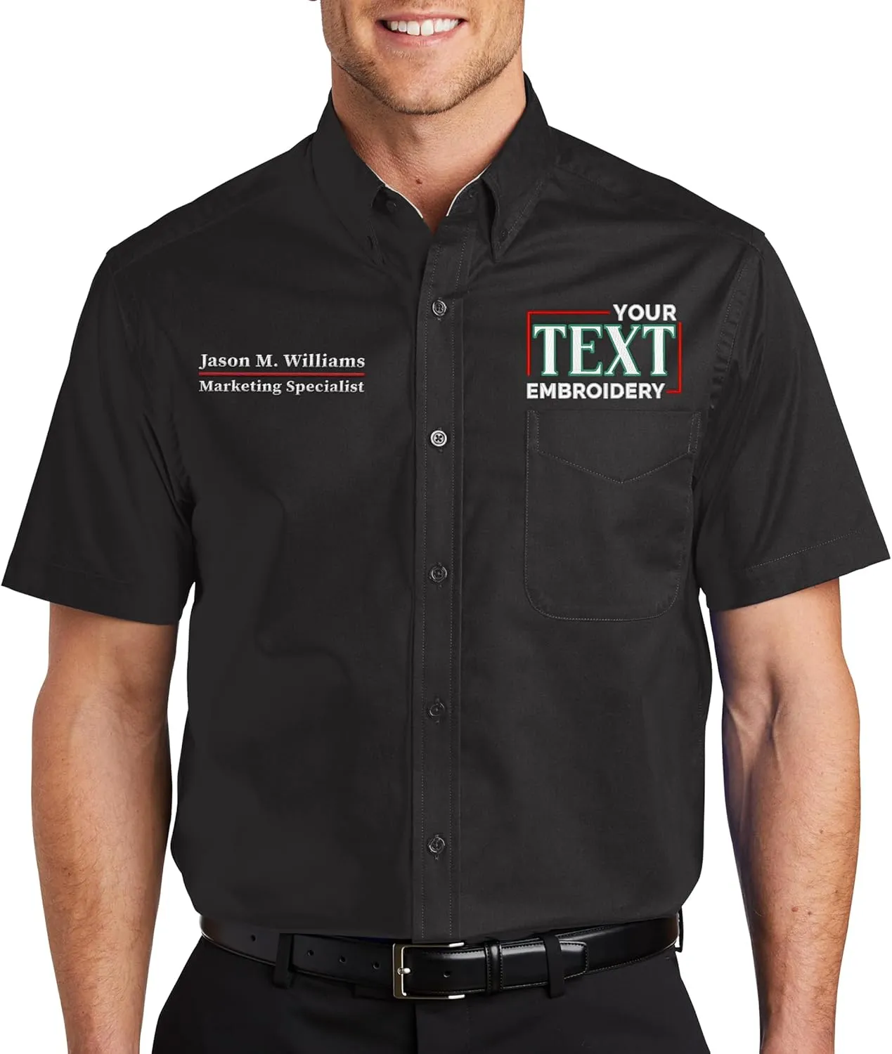 Custom Short Sleeve Embroidered Button Up Shirts for Men Add Your Text Personalized Embroidery Easy Care Shirts