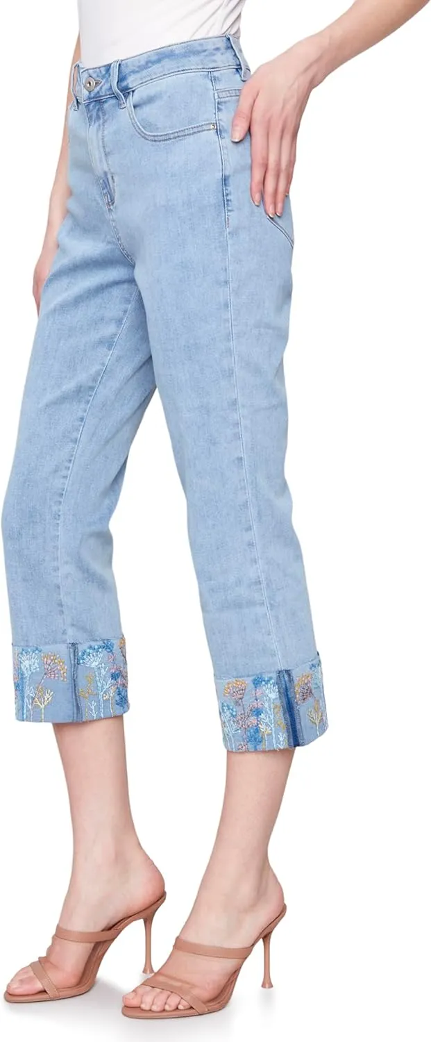 Floral Embroidered Cuff Capri Light Blue