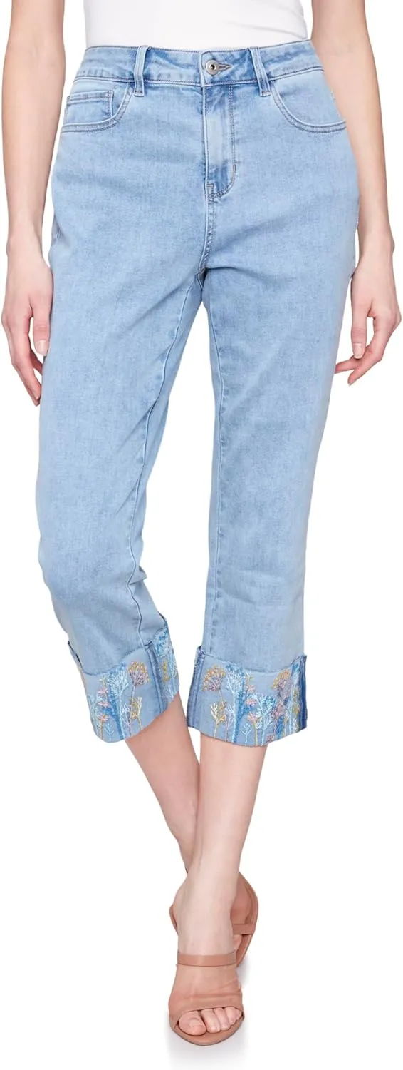 Floral Embroidered Cuff Capri Light Blue