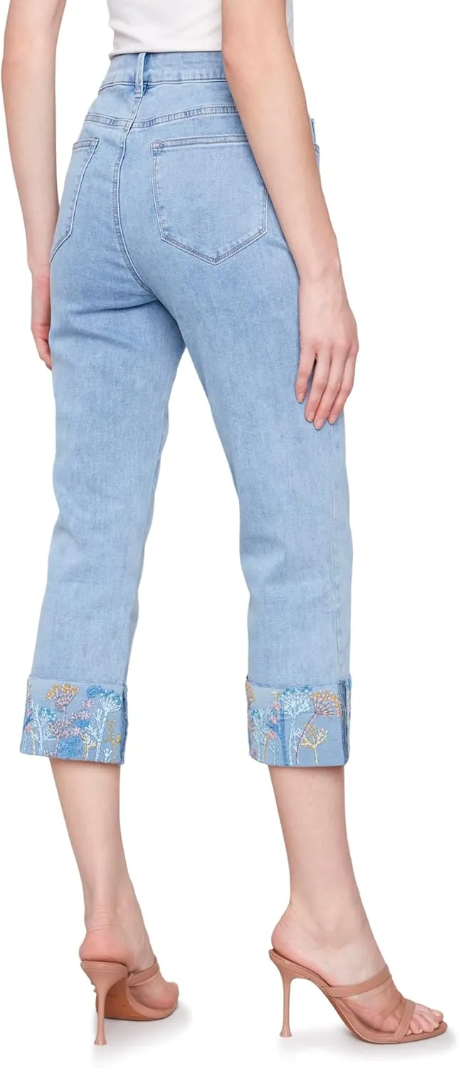 Floral Embroidered Cuff Capri Light Blue