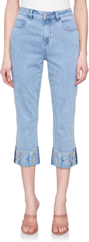 Floral Embroidered Cuff Capri Light Blue
