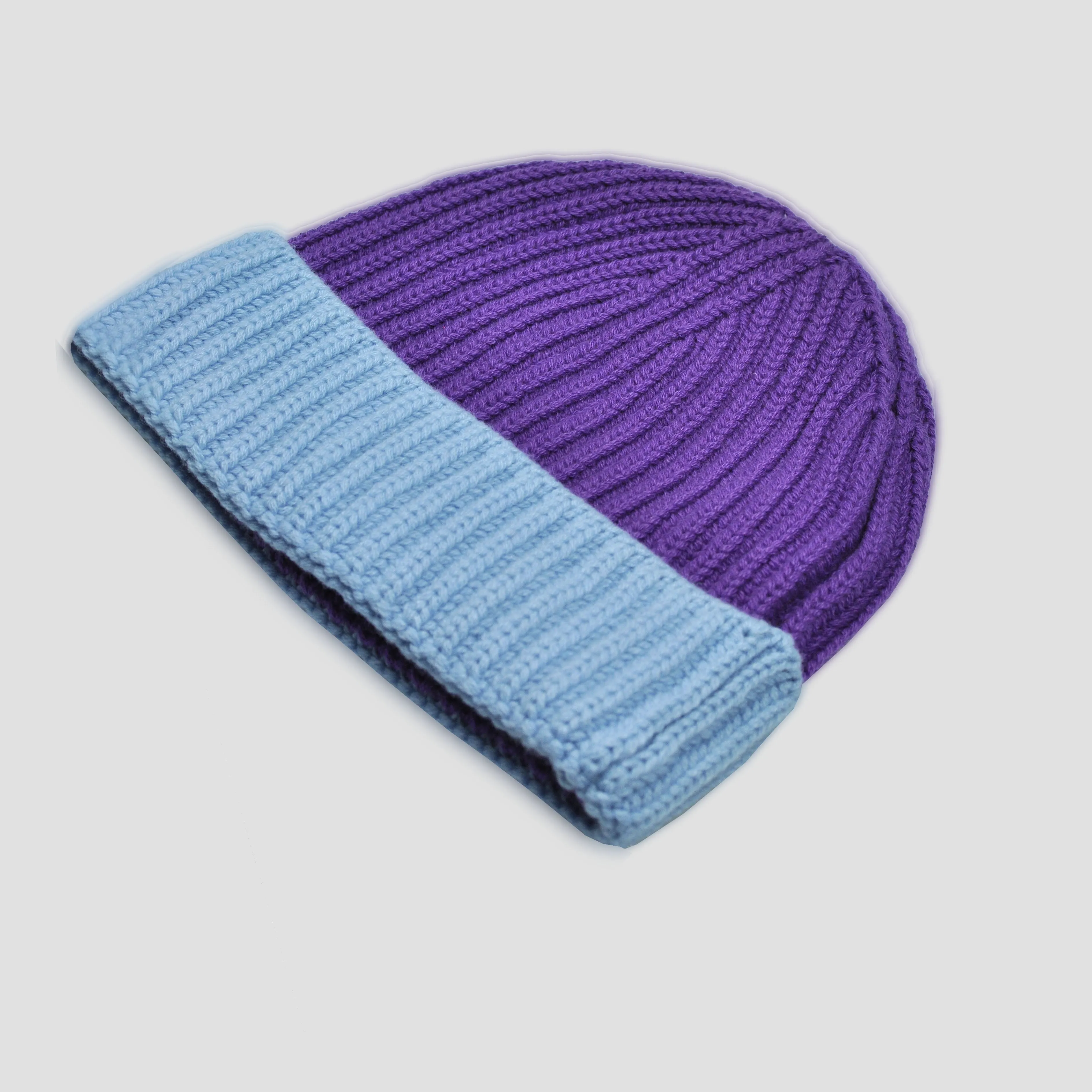 Four Ply Cashmere Winter Beanie in Purple & Light Blue
