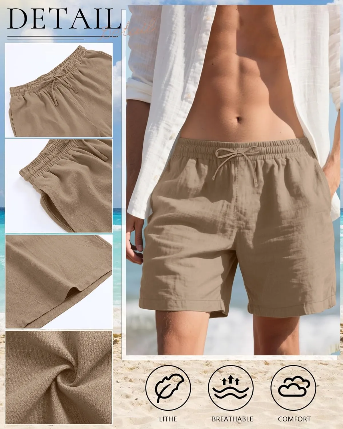 Neer 2 Pack Men's Linen Shorts Cotton L-5XL Big and Tall Regular Casual Lightweight Drawstring Summer Shorts with Pockets