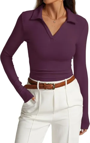 Prettywear Womens Long Sleeve Polo Shirts Business Casual Work Tops Blouse Slim Fitted Collared V Neck Shirt 2025