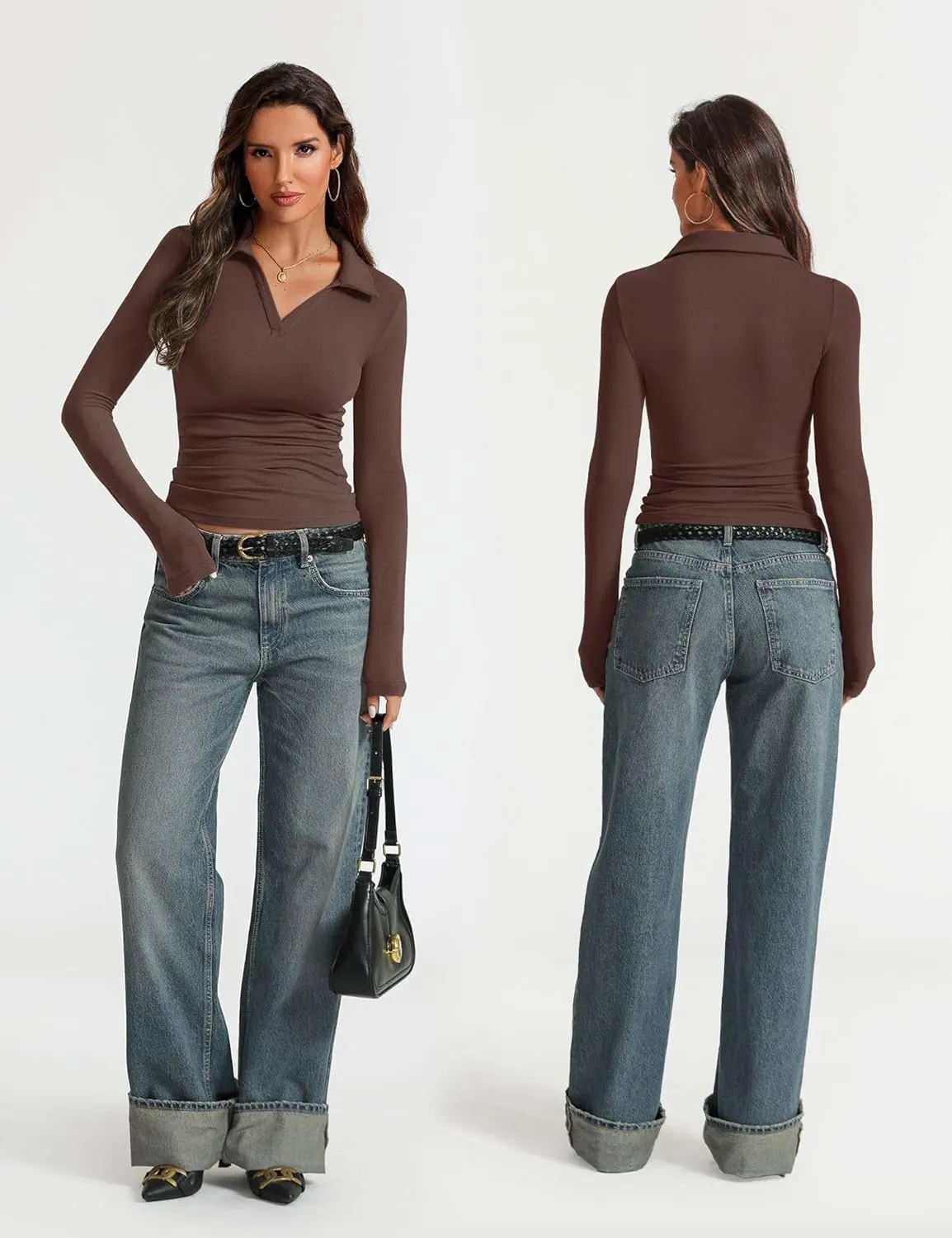 Prettywear Womens Long Sleeve Polo Shirts Business Casual Work Tops Blouse Slim Fitted Collared V Neck Shirt 2025