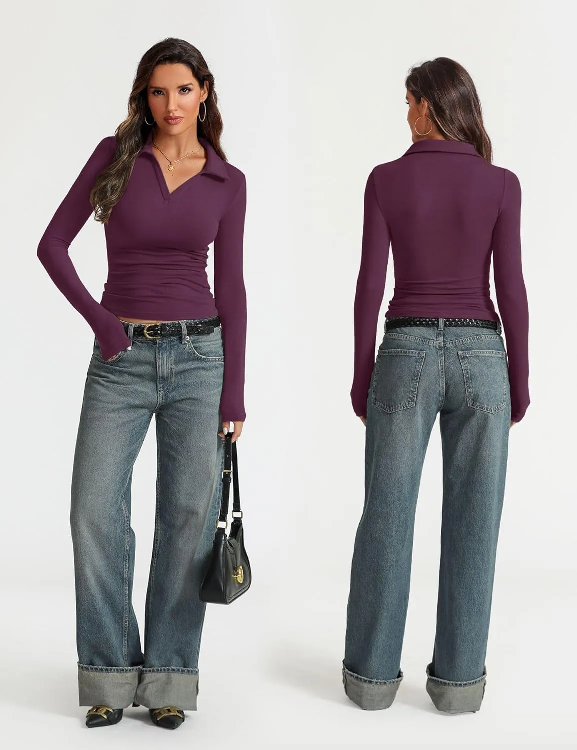 Prettywear Womens Long Sleeve Polo Shirts Business Casual Work Tops Blouse Slim Fitted Collared V Neck Shirt 2025