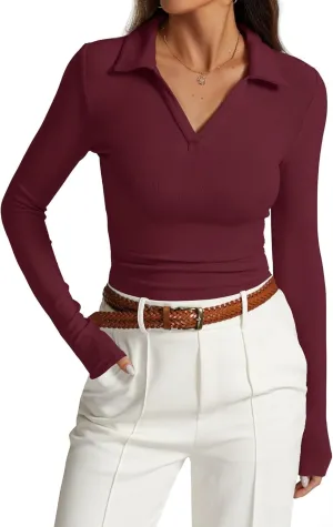 Prettywear Womens Long Sleeve Polo Shirts Business Casual Work Tops Blouse Slim Fitted Collared V Neck Shirt 2025