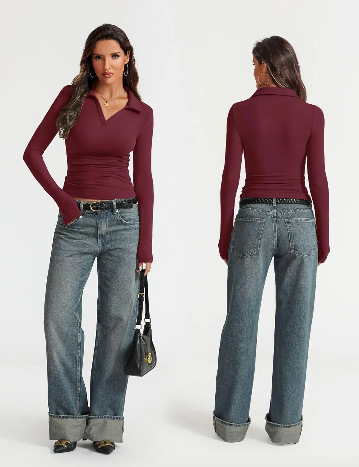 Prettywear Womens Long Sleeve Polo Shirts Business Casual Work Tops Blouse Slim Fitted Collared V Neck Shirt 2025