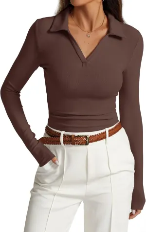 Prettywear Womens Long Sleeve Polo Shirts Business Casual Work Tops Blouse Slim Fitted Collared V Neck Shirt 2025