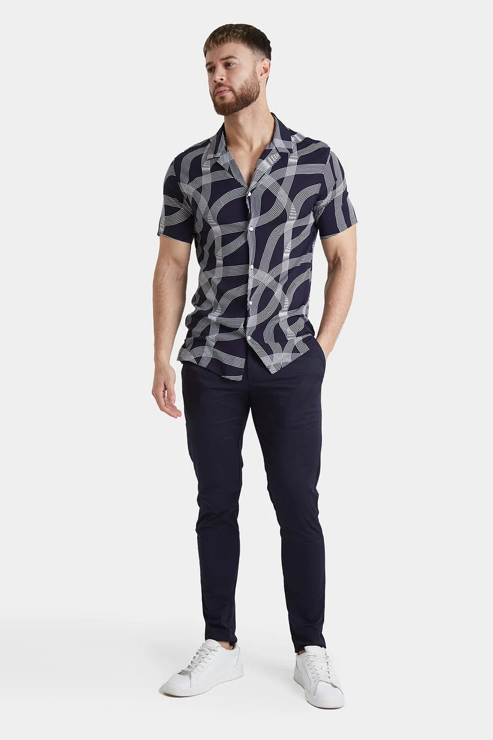 Printed Shirt in Navy Curved Stripe