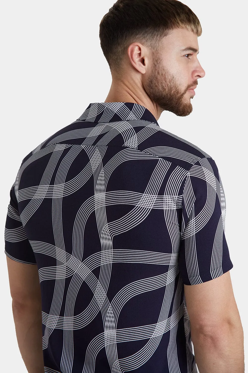 Printed Shirt in Navy Curved Stripe