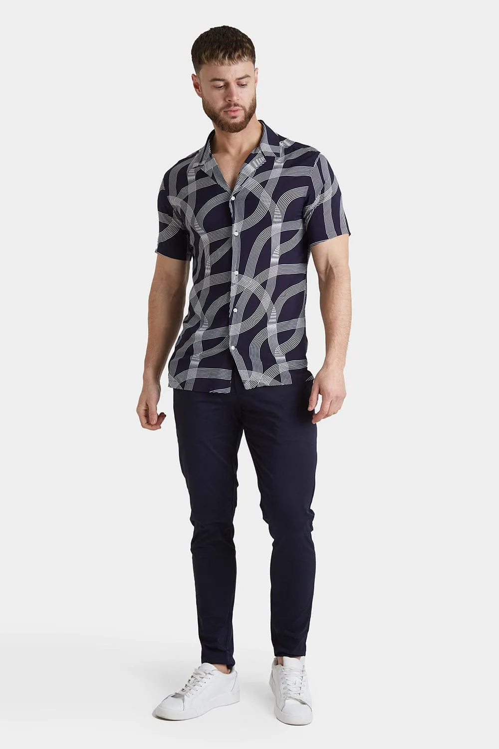 Printed Shirt in Navy Curved Stripe