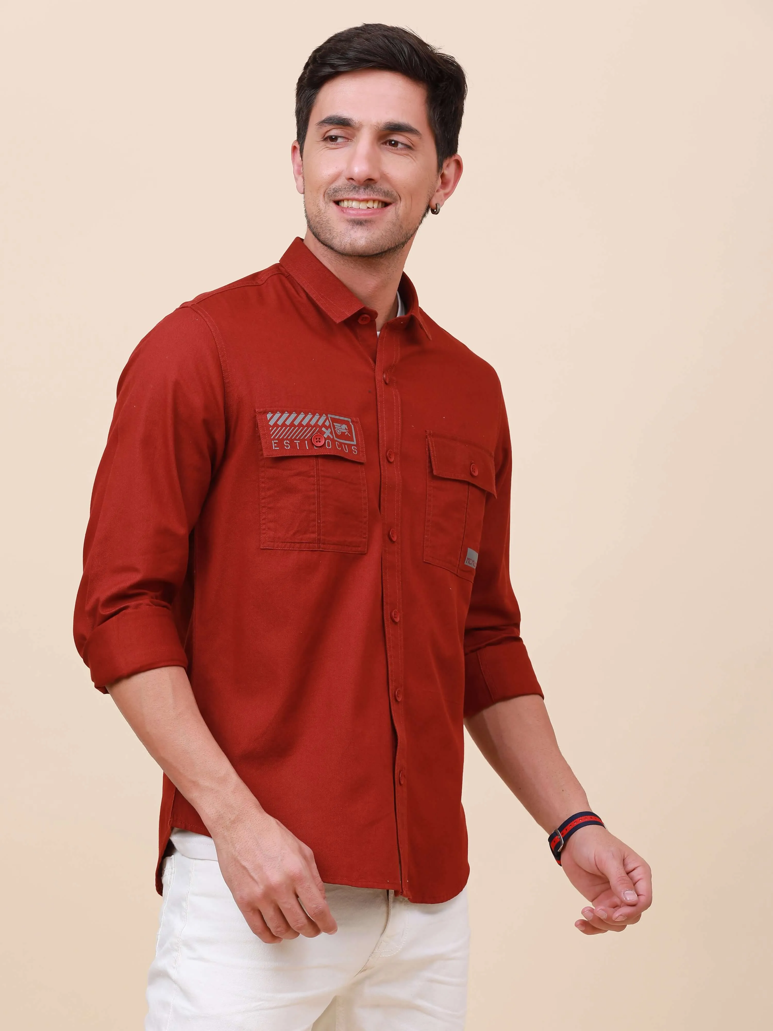 Rust Brown Solid Double 
Pocket Shirt