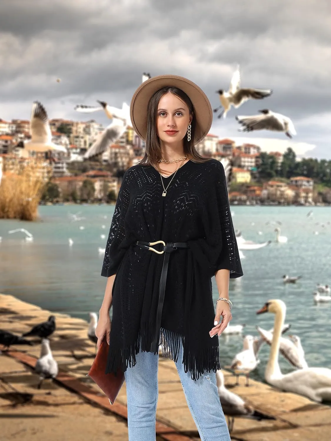 Soul Young Knitted Poncho Sweater for Women Ladies Pullover Wraps Cozy Topper shawl Cape